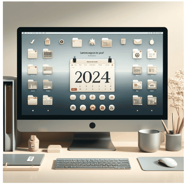 A desktop computer displaying a 2024 calendar on the screen.